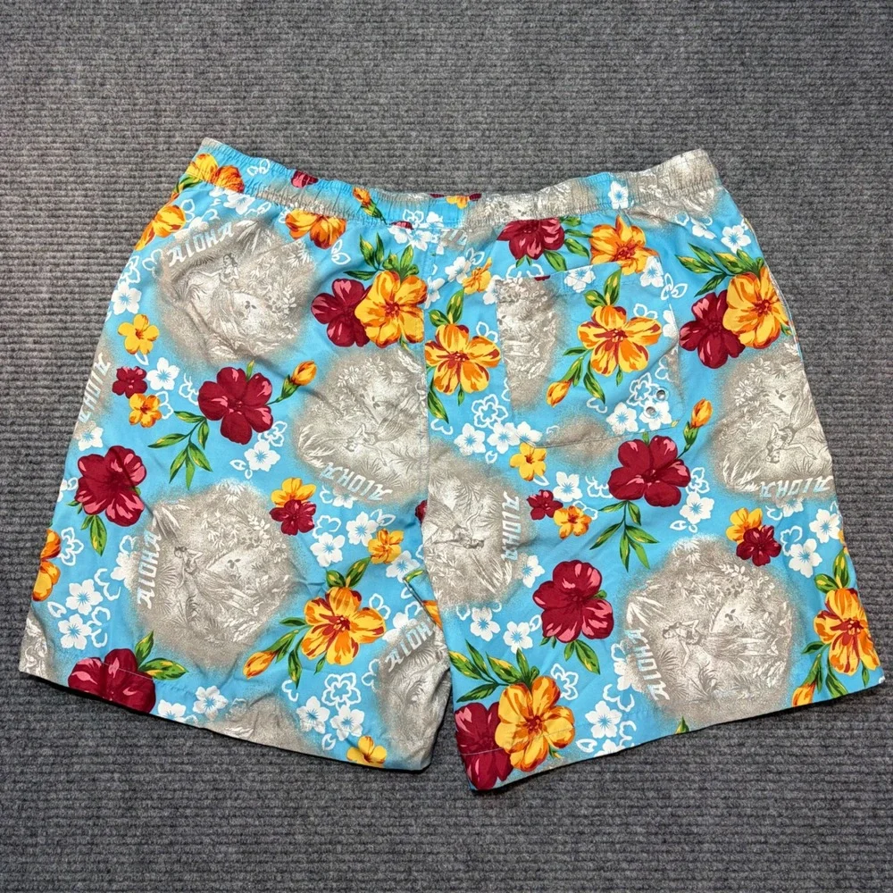 Chaps Mens XL Swim Trunks Blue Aloha Hula Girl Hibiscus Tropical Floral Shorts